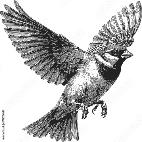 Sparrow sketch hand drawn flying detailed wings spread — stock vector