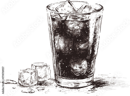 Glass of cola with ice cubes sketch hand drawn style — stock vector
