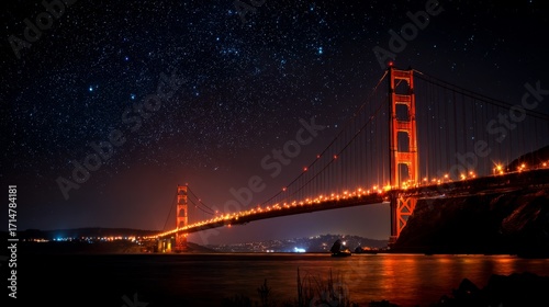 the photo captures the iconic golden gate bridge at night, illuminated against the backdrop of the san francisco skyline and bay area