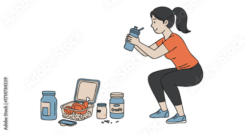 Fit Woman With Supplements and Healthy Meal Preparing for Workout
