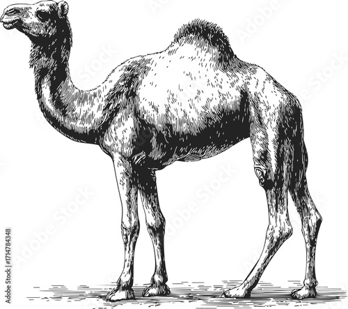Camel sketch hand drawn side view detailed fur and hump — stock vector
