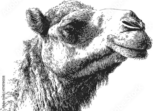 Camel head sketch hand drawn detailed portrait in black and white — stock vector