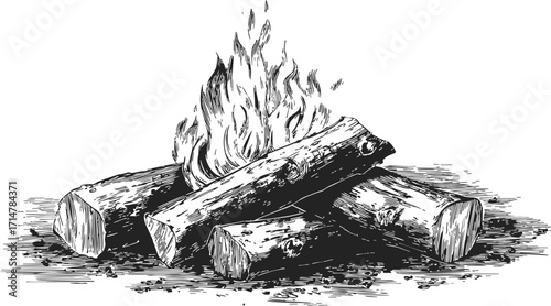 Campfire sketch hand drawn burning logs and flames outdoor scene — stock vector