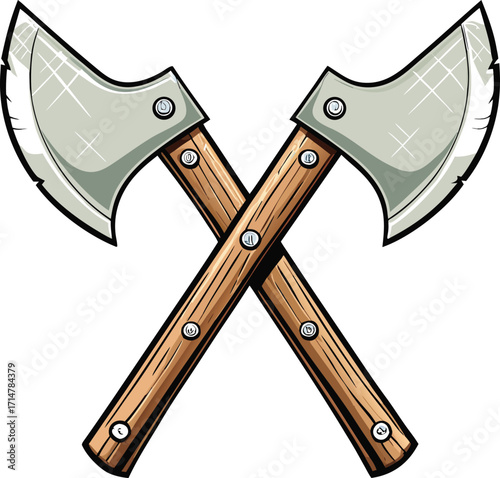 Two crossed double headed axes with wooden handles