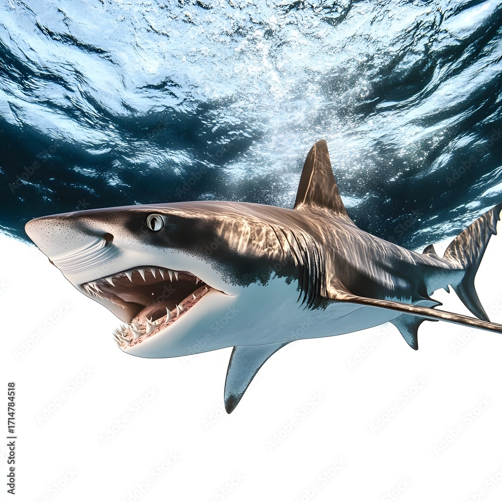 Naklejka premium Great white shark swimming underwater with mouth open