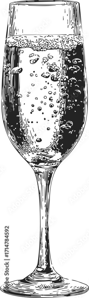 Obraz premium Champagne glass sketch hand drawn with sparkling wine and bubbles — stock vector