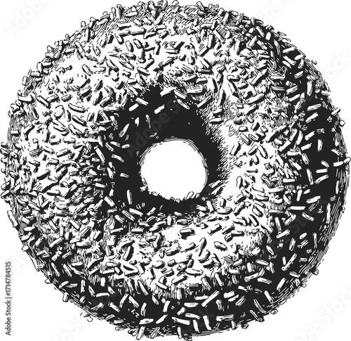 Donut sketch hand drawn with sprinkles top view detailed monochrome — stock vector