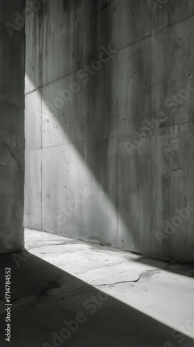 Light Beam Shines Through a Concrete Space Creating Dramatic Shadows in an Ur...