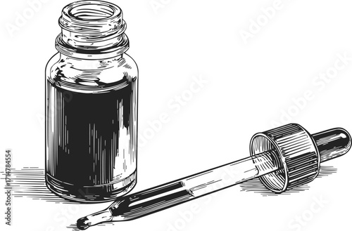 Dropper bottle sketch, hand drawn glass vial with pipette, vintage style — stock vector