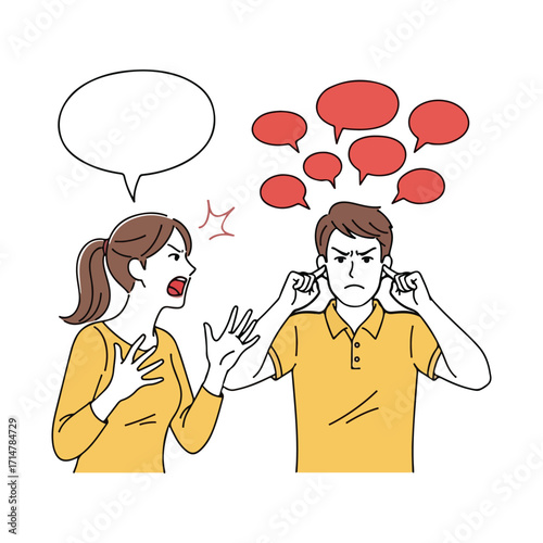 Angry woman shouting at man covering his ears argument conflict