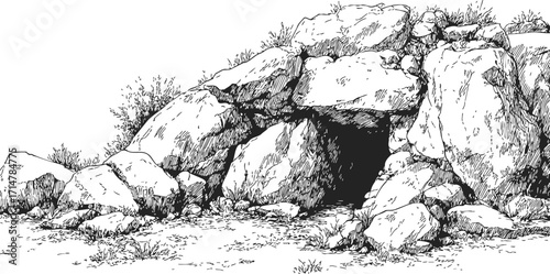 Cave entrance sketch, hand drawn rocky landscape with boulders and sparse vegetation — stock vector
