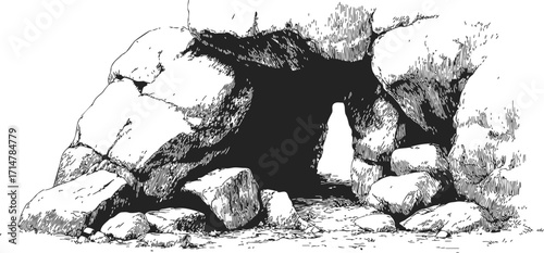 Stone cave entrance sketch, hand drawn rocky shelter with detailed shading — stock vector