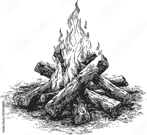 Campfire sketch hand drawn burning logs and flames outdoor scene — stock vector