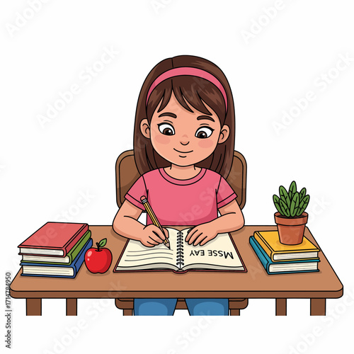 Illustration of a girl sitting at a desk writing in a notebook with books and an apple nearby.