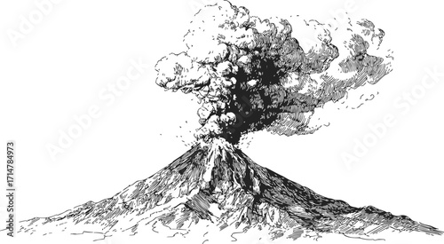 Volcano erupting sketch, hand drawn mountain with ash cloud — stock vector