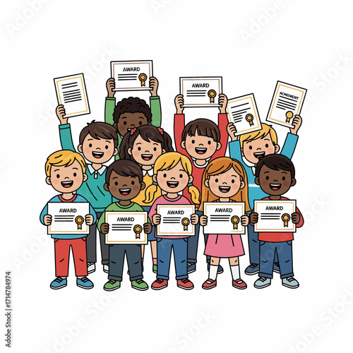 A diverse group of happy cartoon children proudly holding up their award certificates.