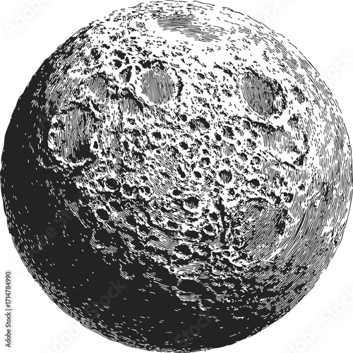 Moon sketch hand drawn detailed craters surface vintage astronomy illustration — stock vector