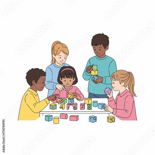 A group of diverse children and an adult playing with colorful educational building blocks at a table, learning and interacting.