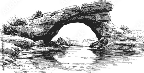 Natural arch sketch, hand drawn rocky stone bridge over river landscape — stock vector