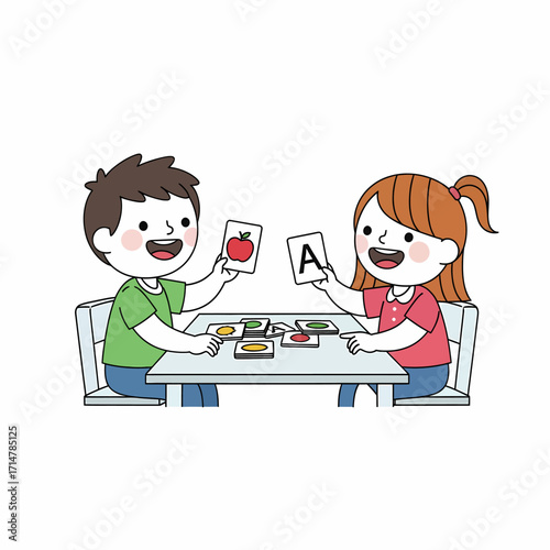 Two happy children playing a card game at a table, one holding an apple card and the other an alphabet card.