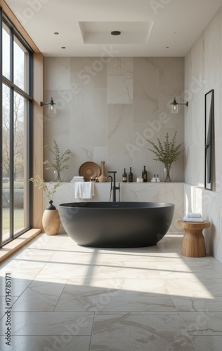 Serene Bathroom Black Bathtub and Sunlight, Minimalist Interior Design