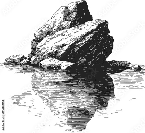 Rock formation sketch, hand drawn style, reflected in calm water — stock vector