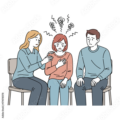 People comforting a distressed woman in a group setting sadness anxiety