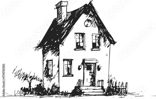 House sketch hand drawn vector, two-story home with chimney and garden — stock vector