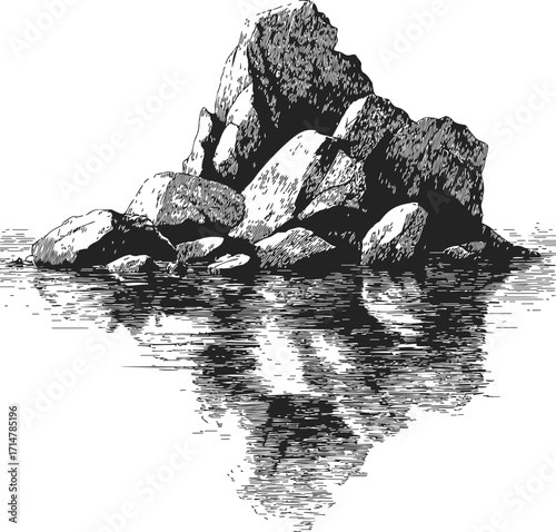 Rock formation sketch, hand drawn style, reflected in calm water — stock vector