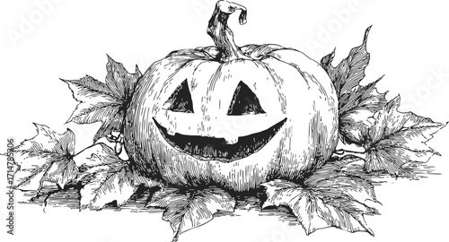 Jack-o'-lantern sketch hand drawn pumpkin with carved face and autumn leaves — stock vector