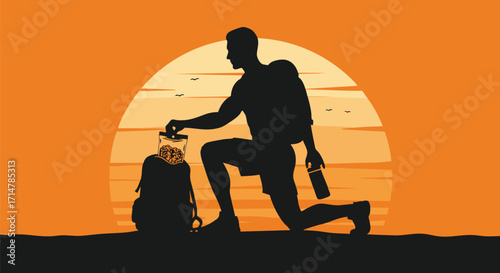 Silhouette illustration of a man saving money for travel, putting a coin in a jar inside his backpack against a sunset, representing a vacation fund