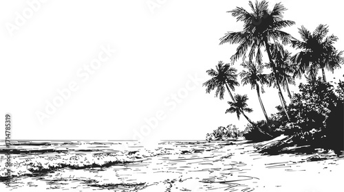 Tropical beach sketch, hand drawn palm trees and shoreline scene — stock vector