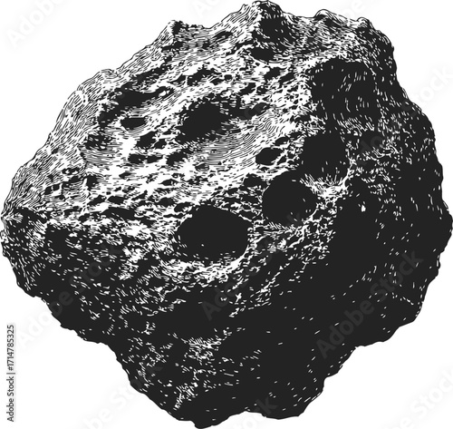 Asteroid sketch hand drawn detailed rocky space object with craters — stock vector