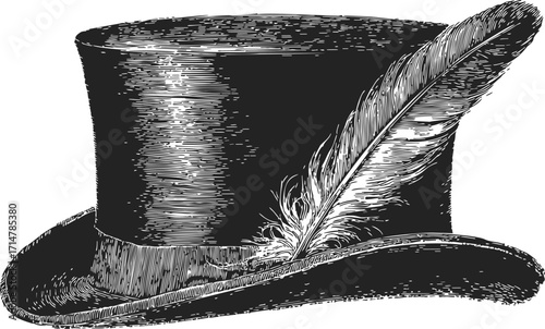 Top hat sketch with feather hand drawn vintage engraving style — stock vector
