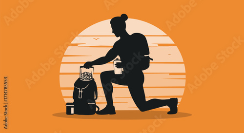 Silhouette of a person with a backpack and camping gear, preparing for a journey against a warm sunset backdrop