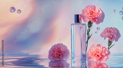 Captivating Perfume Bottle Surrounded by Pink Carnations and Water Droplets i...