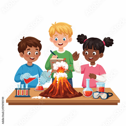 Three children are conducting a science experiment with a volcano model, observing the eruption.