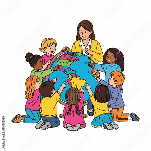 A diverse group of happy children and a teacher learning about the world with a large globe, pointing at continents.
