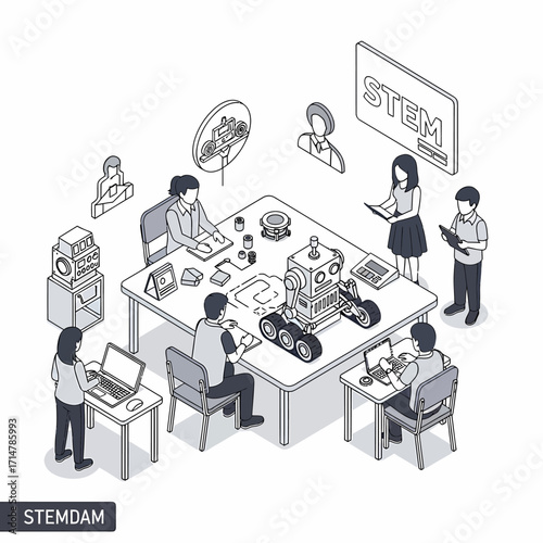 Isometric illustration of a STEM team working on a robot project in a lab setting.
