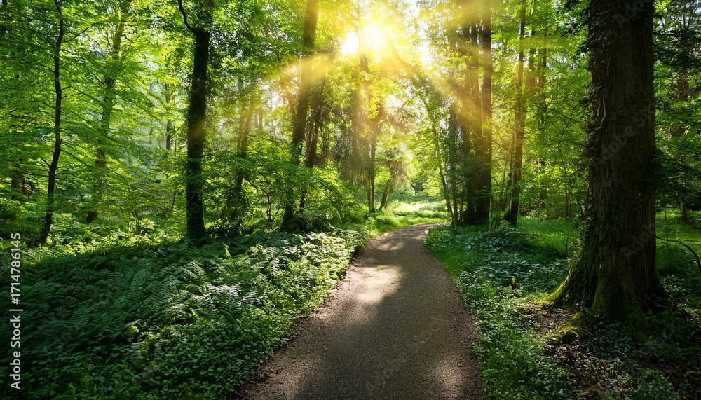 Obraz premium Sun Dappled Path Through Lush Green Forest