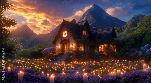 Beautiful Cottage Surrounded by Flowers and Candles at Sunset Near a Mountain