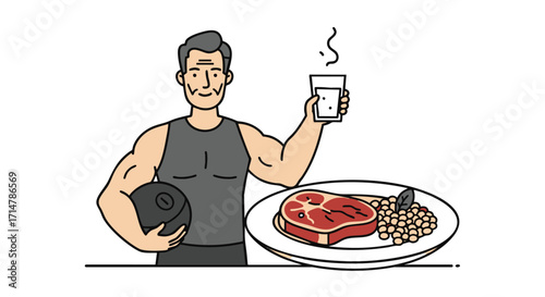 Illustration of a strong senior man embracing a healthy lifestyle with weight training and a high-protein diet