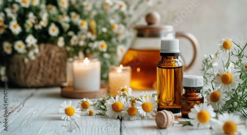 Relaxing Scene With Essential Oils, Candles, and Chamomile Flowers on Rustic ...
