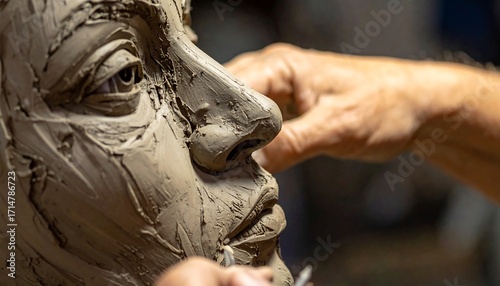 Close-up of a clay sculpture of a human face being crafted by a person's hands with sculpting tools