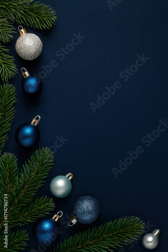 Deep blue background color, Christmas tree branches and Christmas toys along the borders