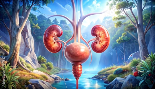 An artistic representation of the human urinary system, set within a vibrant, lush, and natural environment, featuring serene water and trees
