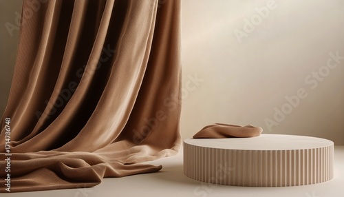 Soft Drapes and Round Pedestal Create a Warm Interior Scene in a Minimalist S...
