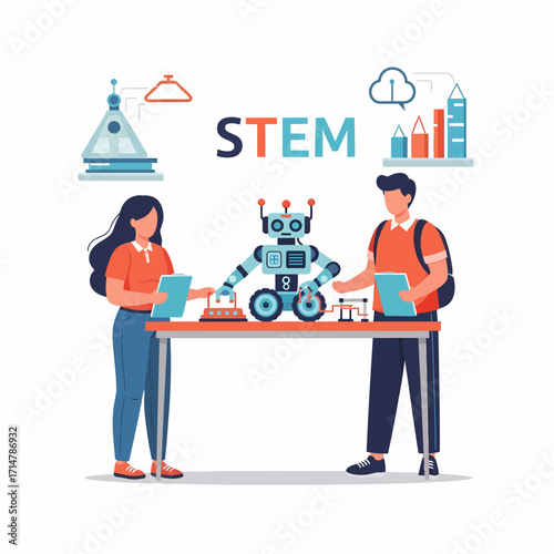 Two students working on a robot project at a table, with STEM acronym and related icons in the background.
