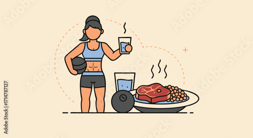 Illustration of a fit woman's healthy lifestyle. Combines exercise, nutritious food, and hydration for total wellness and active living. A balanced approach to health
