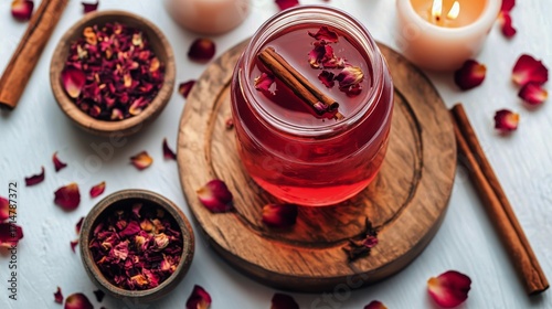 Rose and Cinnamon Drink in a Jar With Candles and Scattered Rose Petals.